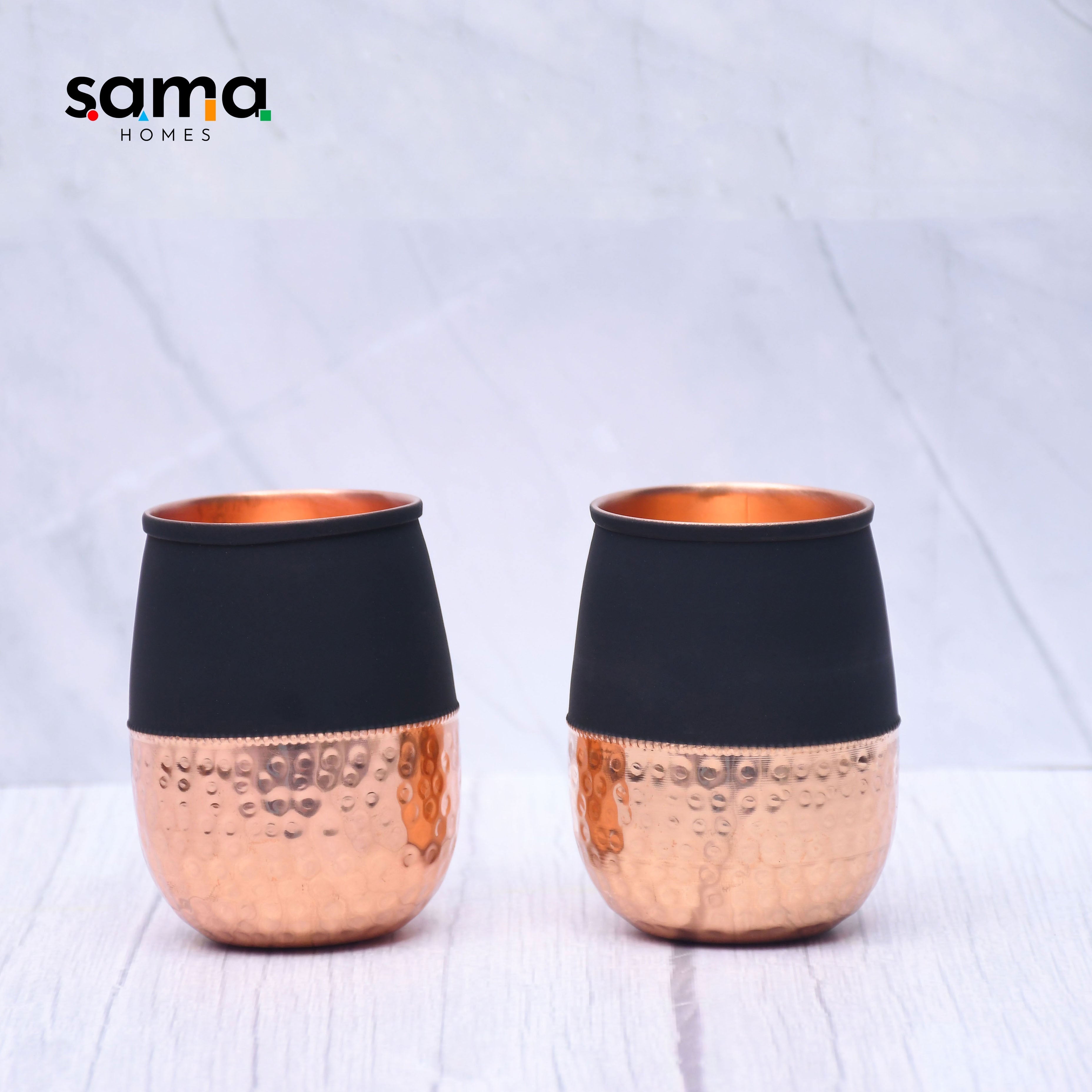 Pure Copper Water Glass Set of 2 Silk Black Half Hammered Dholak Tumbler Capacity 250ML-0