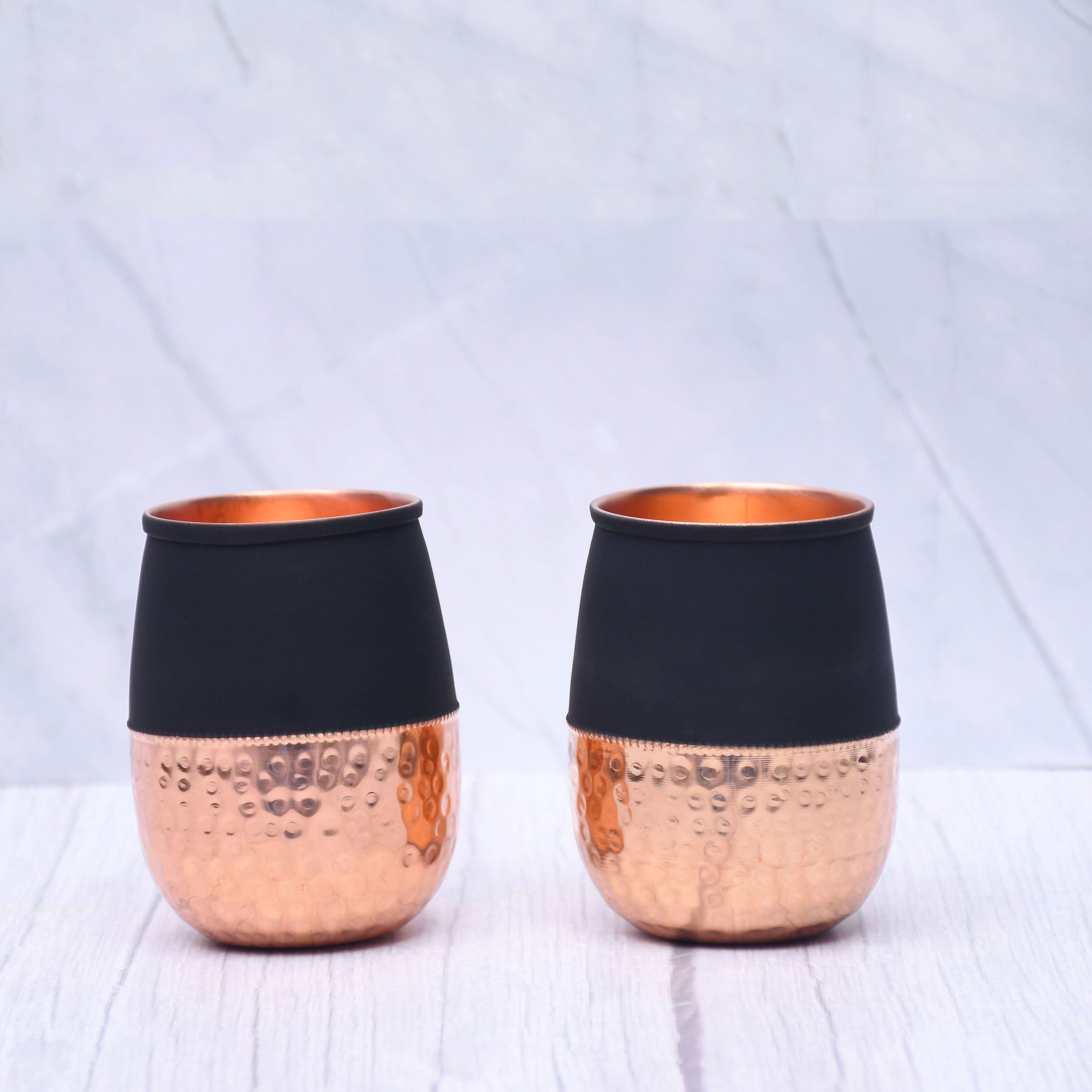 Pure Copper Water Glass Set of 2 Silk Black Half Hammered Dholak Tumbler Capacity 250ML-3