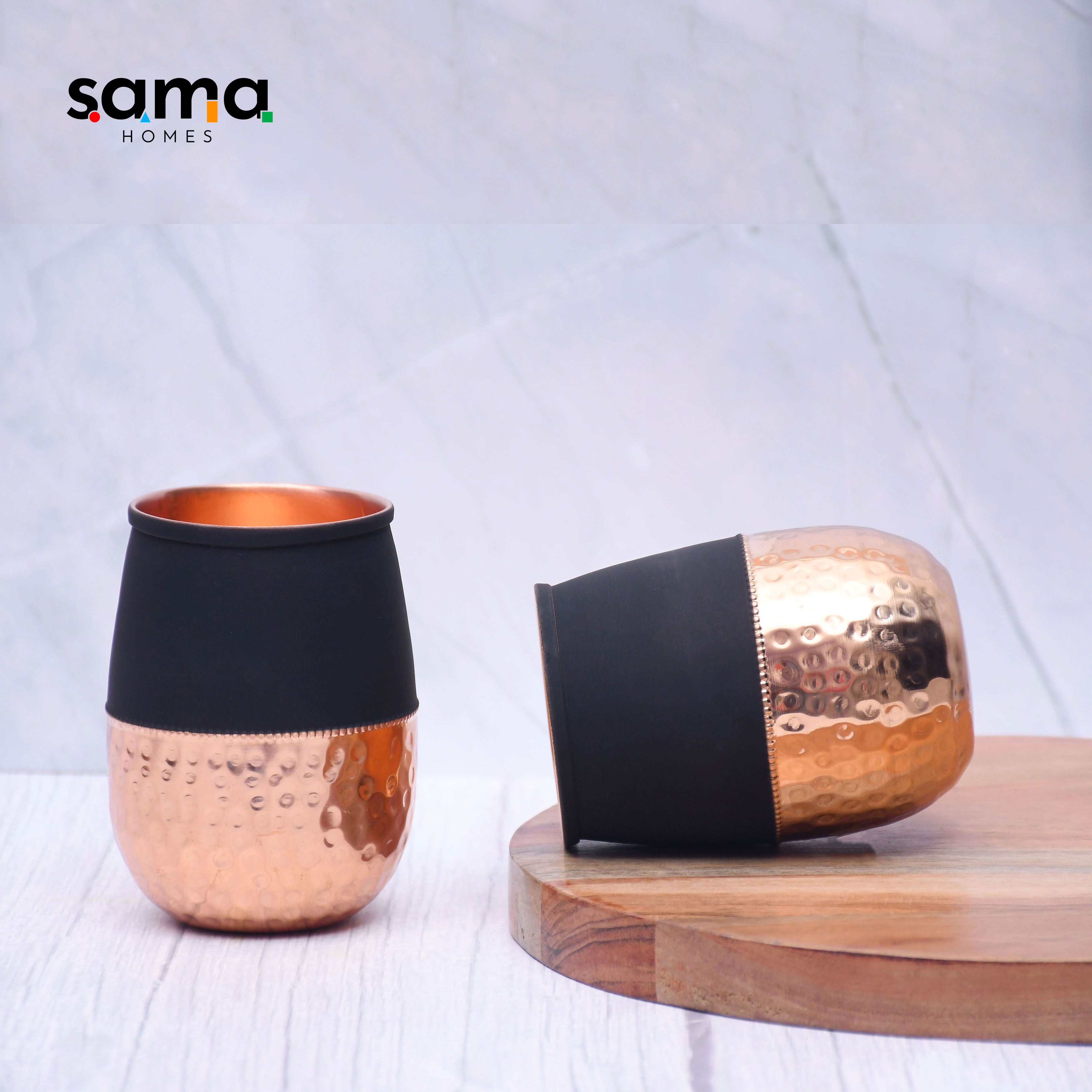 Pure Copper Water Glass Set of 2 Silk Black Half Hammered Dholak Tumbler Capacity 250ML-1