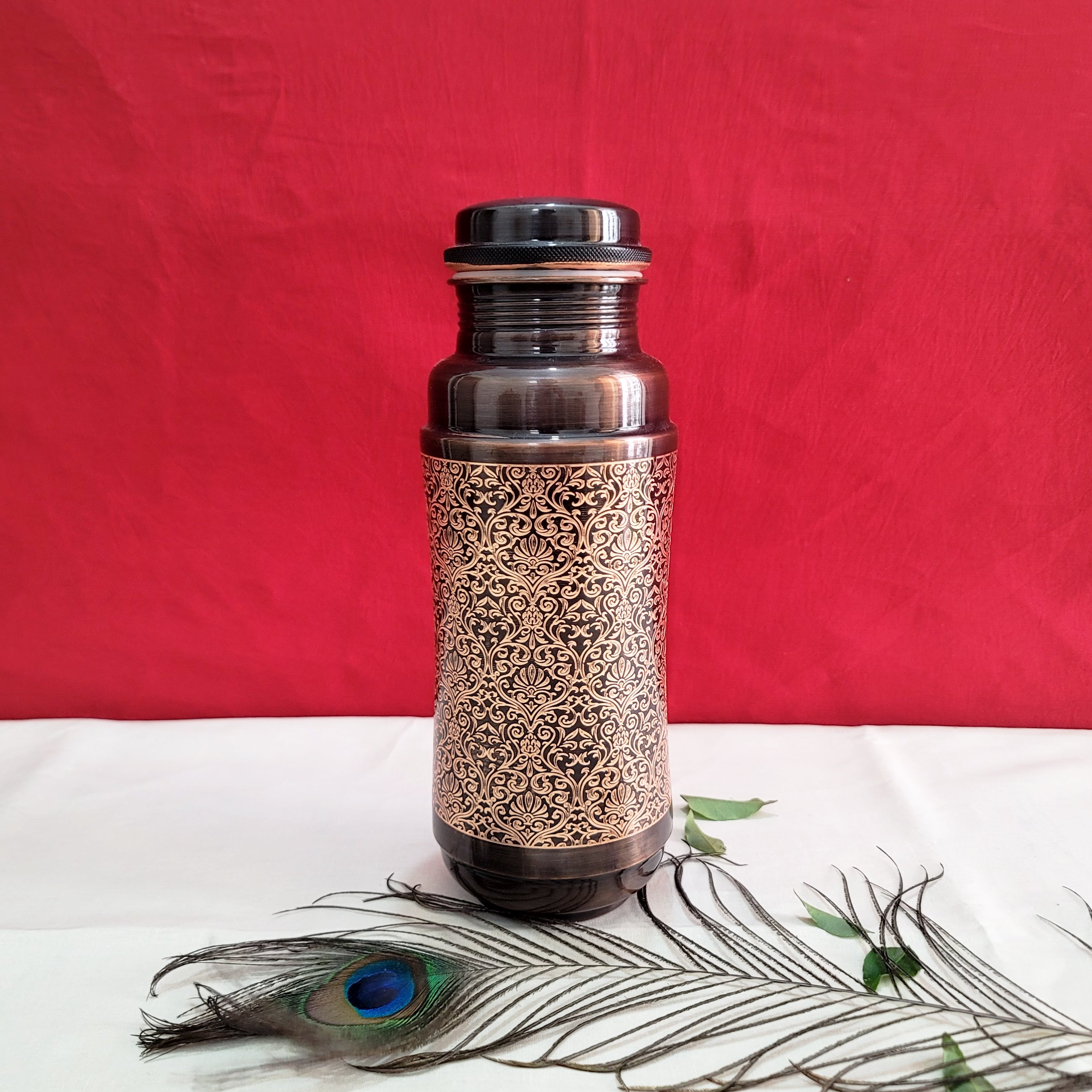 Pure Copper Jumbo Water Bottle | Black Antique Engraving Design |  Capacity - 1300ML |Unique Design, Large Capacity Flask-1