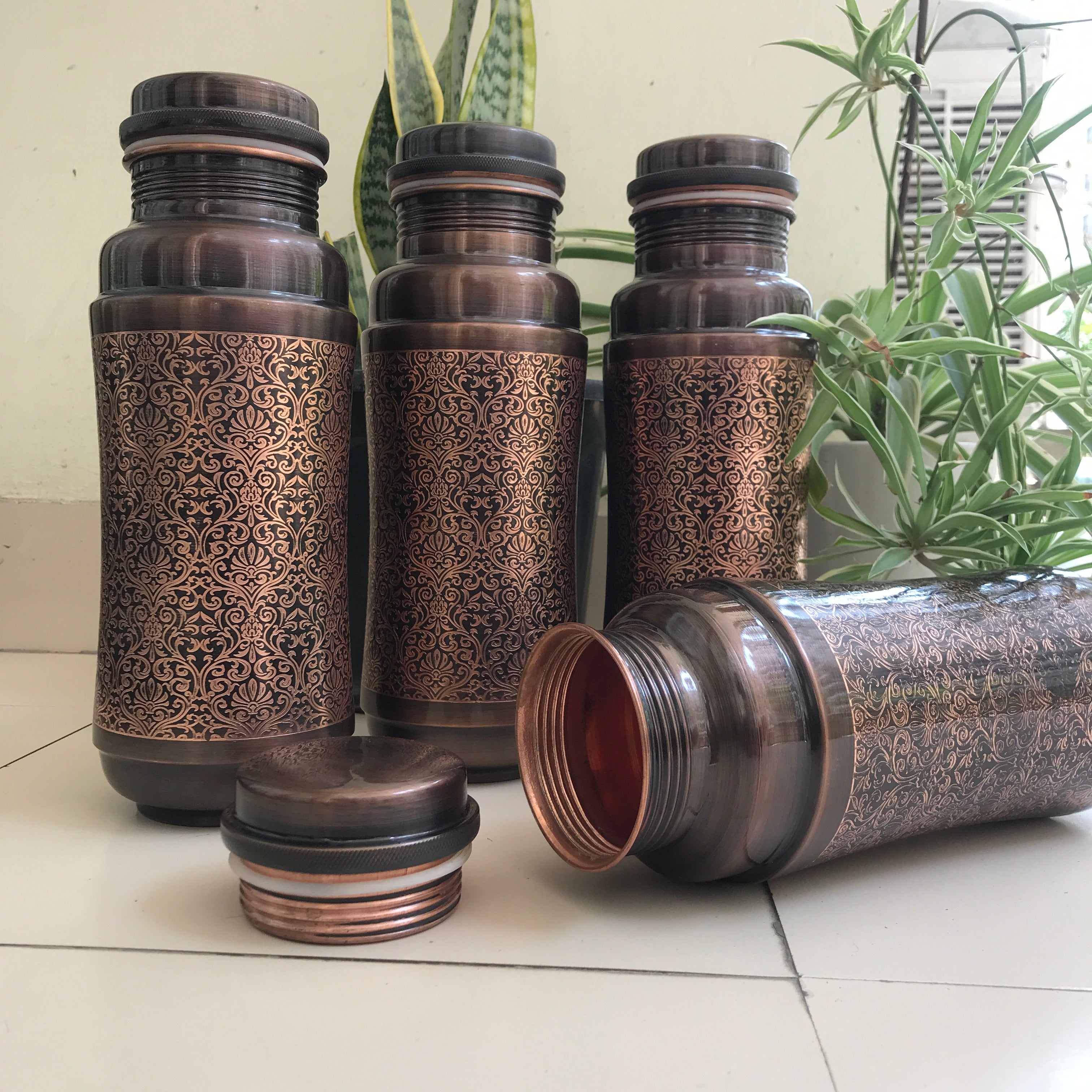 Pure Copper Jumbo Water Bottle | Black Antique Engraving Design |  Capacity - 1300ML |Unique Design, Large Capacity Flask-4