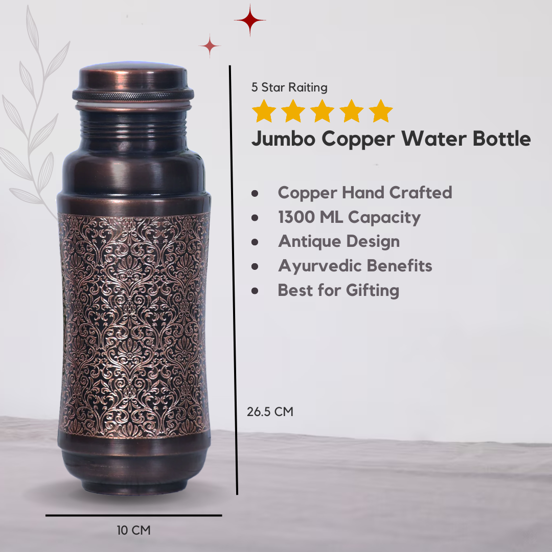 Pure Copper Jumbo Water Bottle | Black Antique Engraving Design |  Capacity - 1300ML |Unique Design, Large Capacity Flask-0