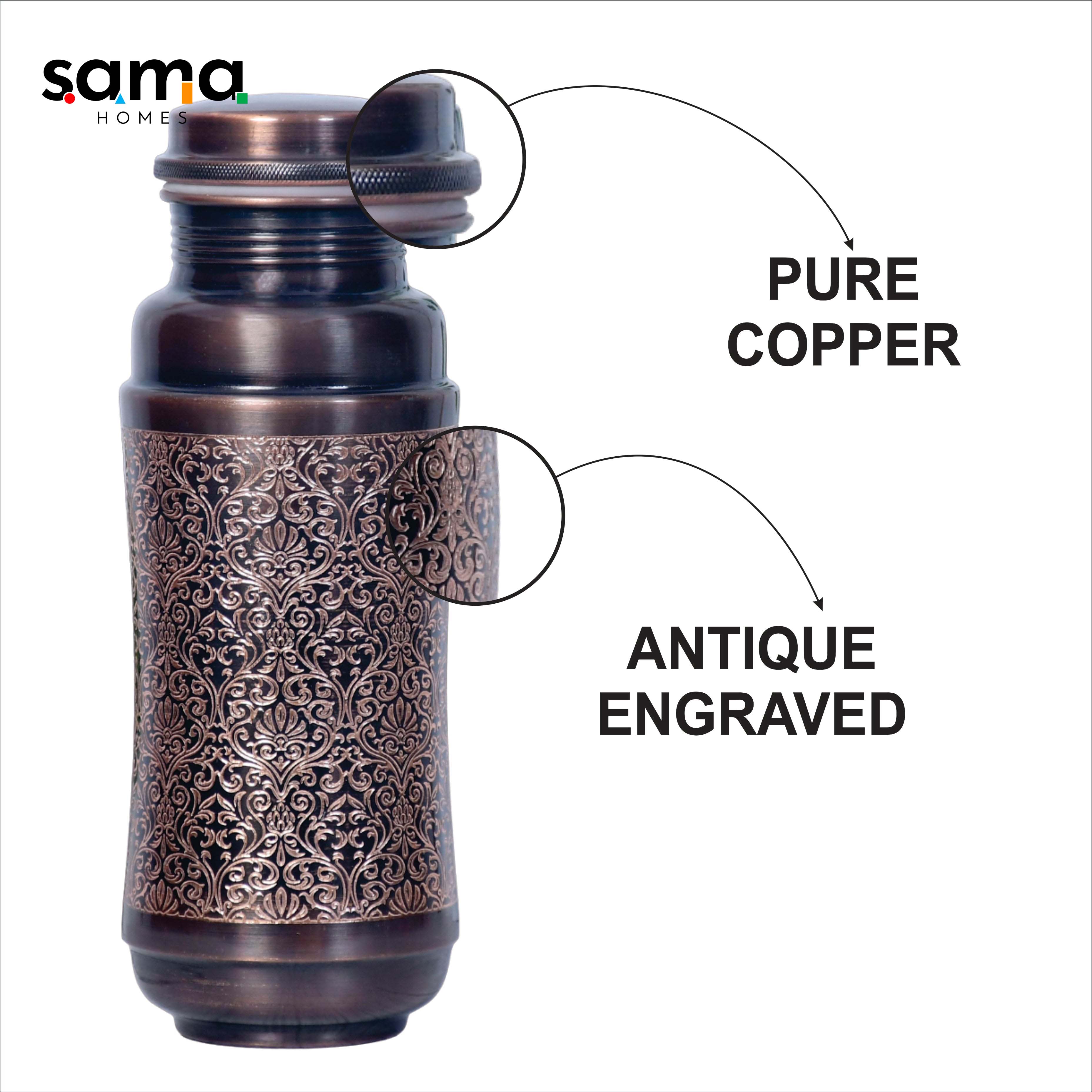 Pure Copper Jumbo Water Bottle | Black Antique Engraving Design |  Capacity - 1300ML |Unique Design, Large Capacity Flask-3