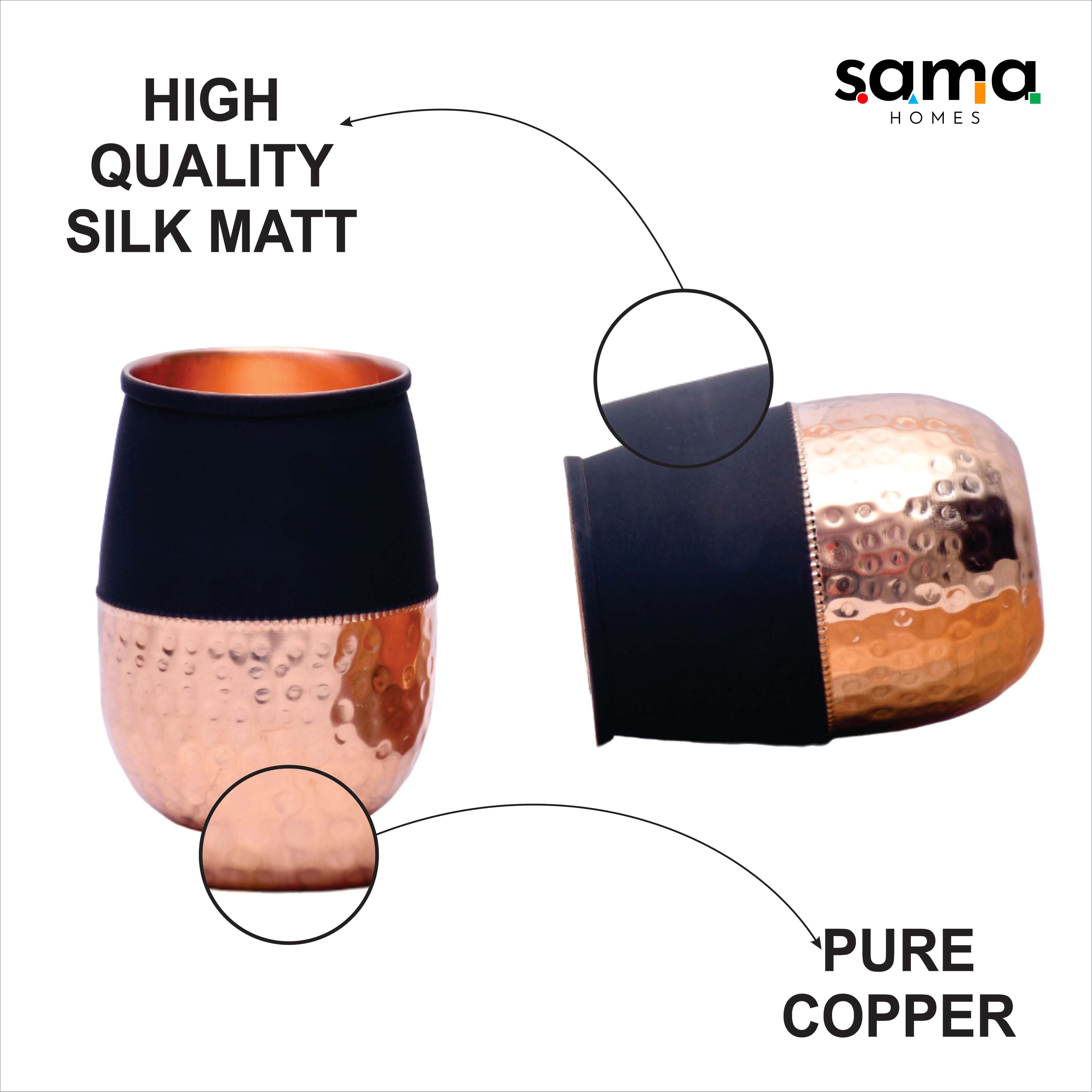Pure Copper Water Glass Set of 2 Silk Black Half Hammered Dholak Tumbler Capacity 250ML-2